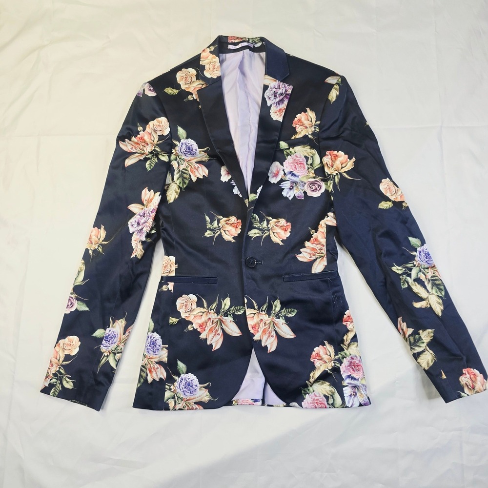 ASOS Mens Floral Print Satin Blazer Size 32 Navy Blue Rose Pattern Slim Fit D64